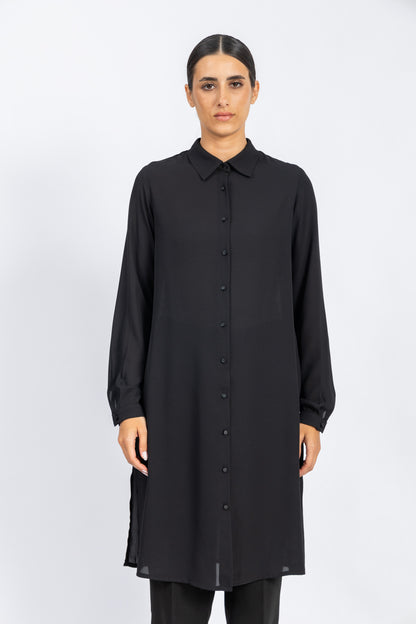 Black Basic Long Crepe Chiffon Shirt