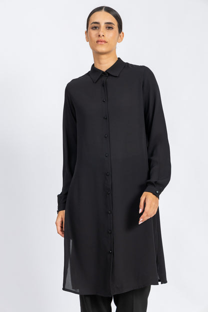 Black Basic Long Crepe Chiffon Shirt