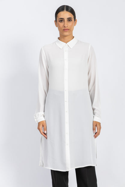 BASIC LONG CREPE CHIFFON SHIRT WITH HIDDEN PLACKET AND SIDE SLITS