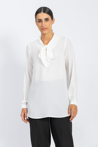 BASIC EVERYDAY SILKY CREPE CHIFFON BLOUSE WITH A BOW COLLAR