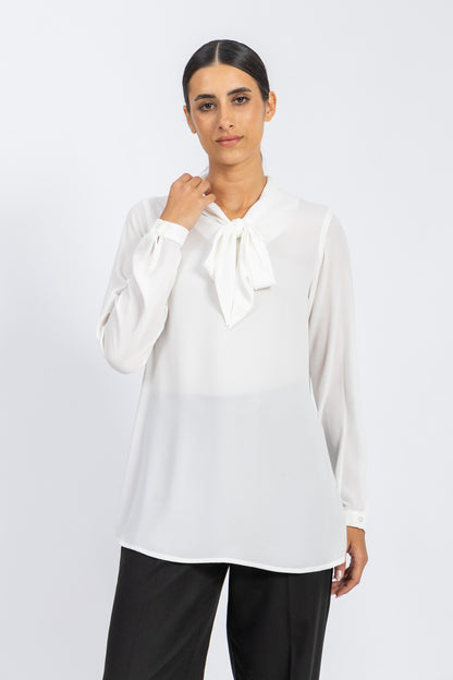 BASIC EVERYDAY SILKY CREPE CHIFFON BLOUSE WITH A BOW COLLAR