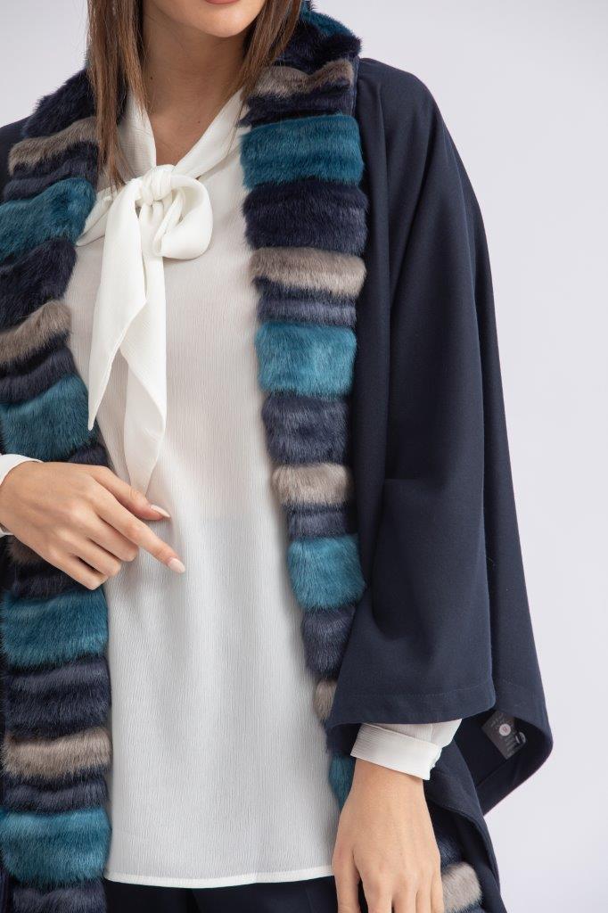 Light Navy Faux Fur Poncho With Cashmere Feel Wool