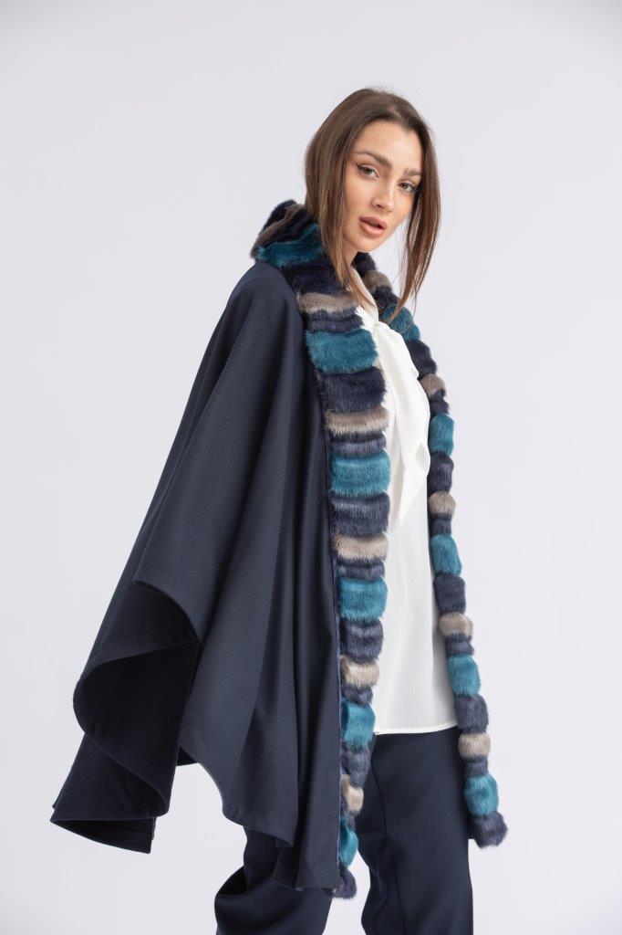 Light Navy Faux Fur Poncho With Cashmere Feel Wool