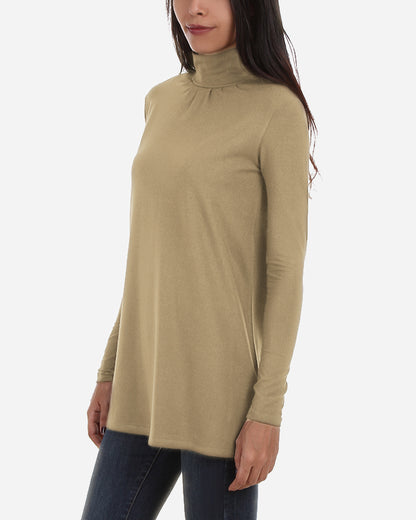 Beige Basic High Neck Long Blouse