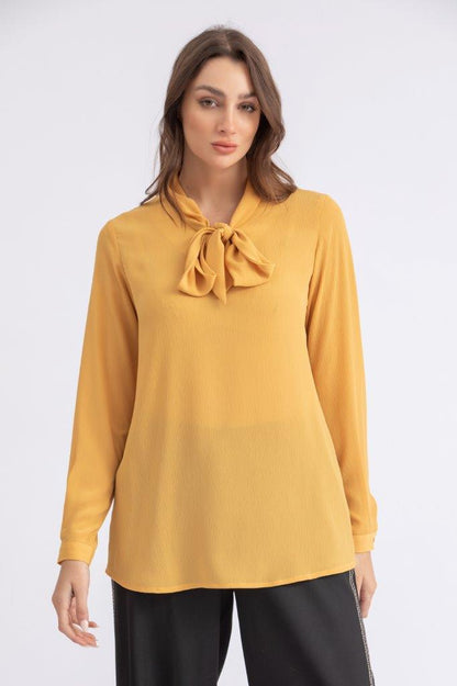 BASIC EVERYDAY SILKY CRINKELD CREPE CHIFFON BLOUSE WITH A BOW COLLAR